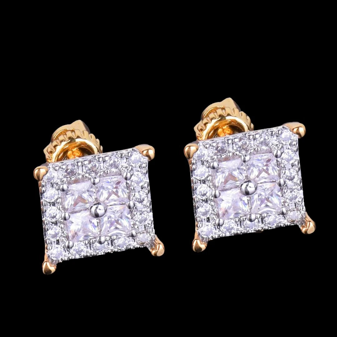 12MM Square Shiny Screw Back Iced Out Diamond Stud Earrings - Image 3