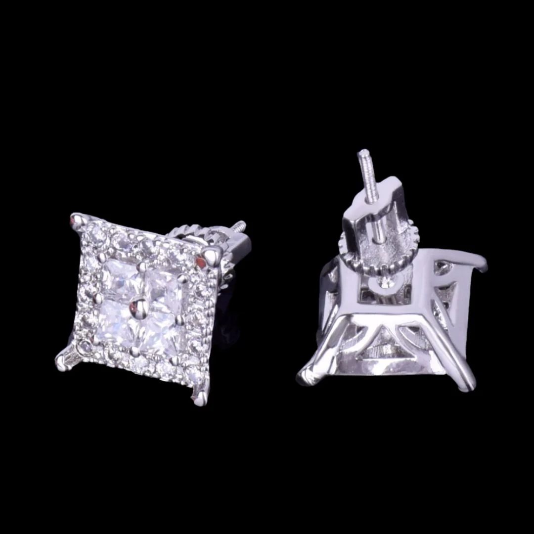 12MM Square Shiny Screw Back Iced Out Diamond Stud Earrings - Image 4