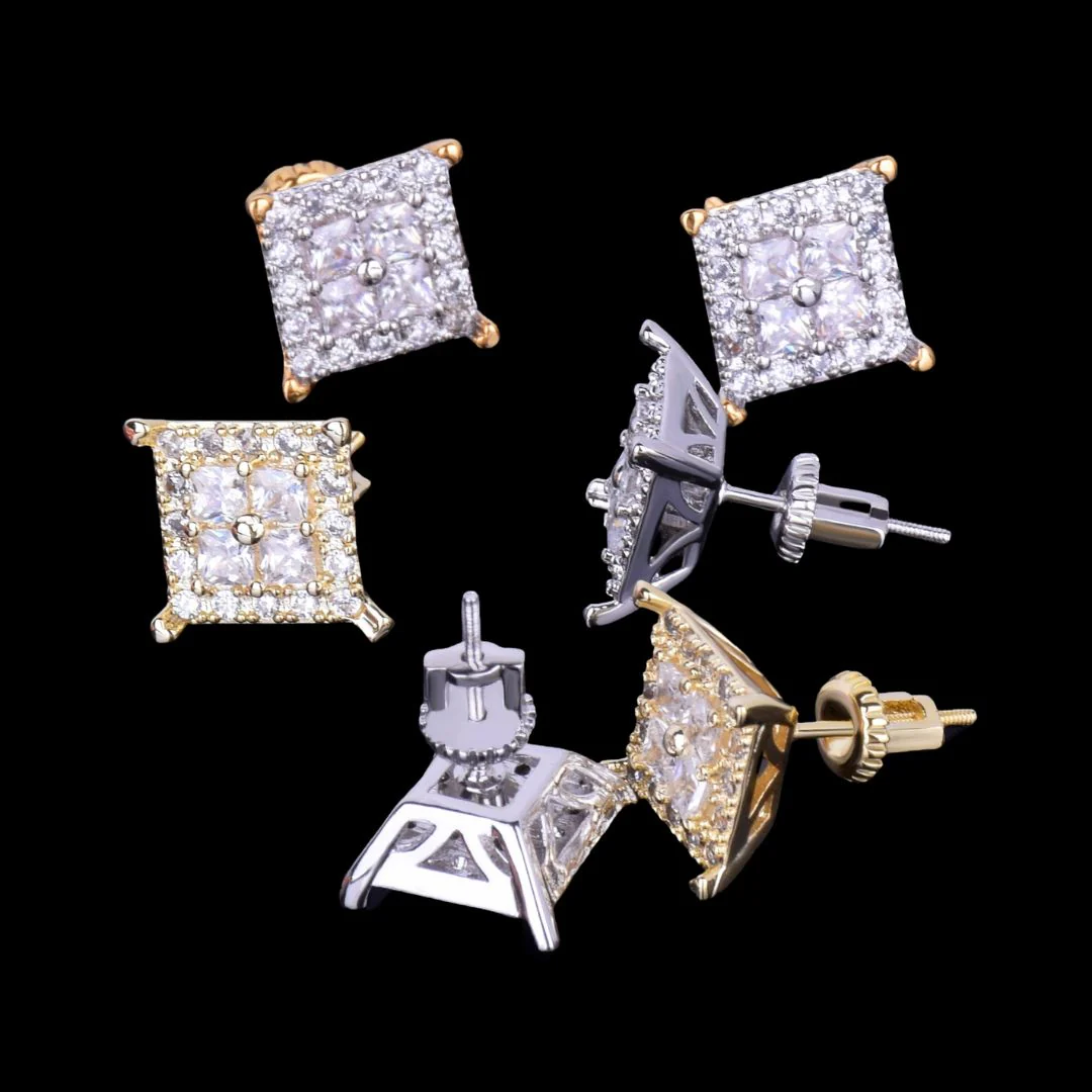 12MM Square Shiny Screw Back Iced Out Diamond Stud Earrings - Image 6