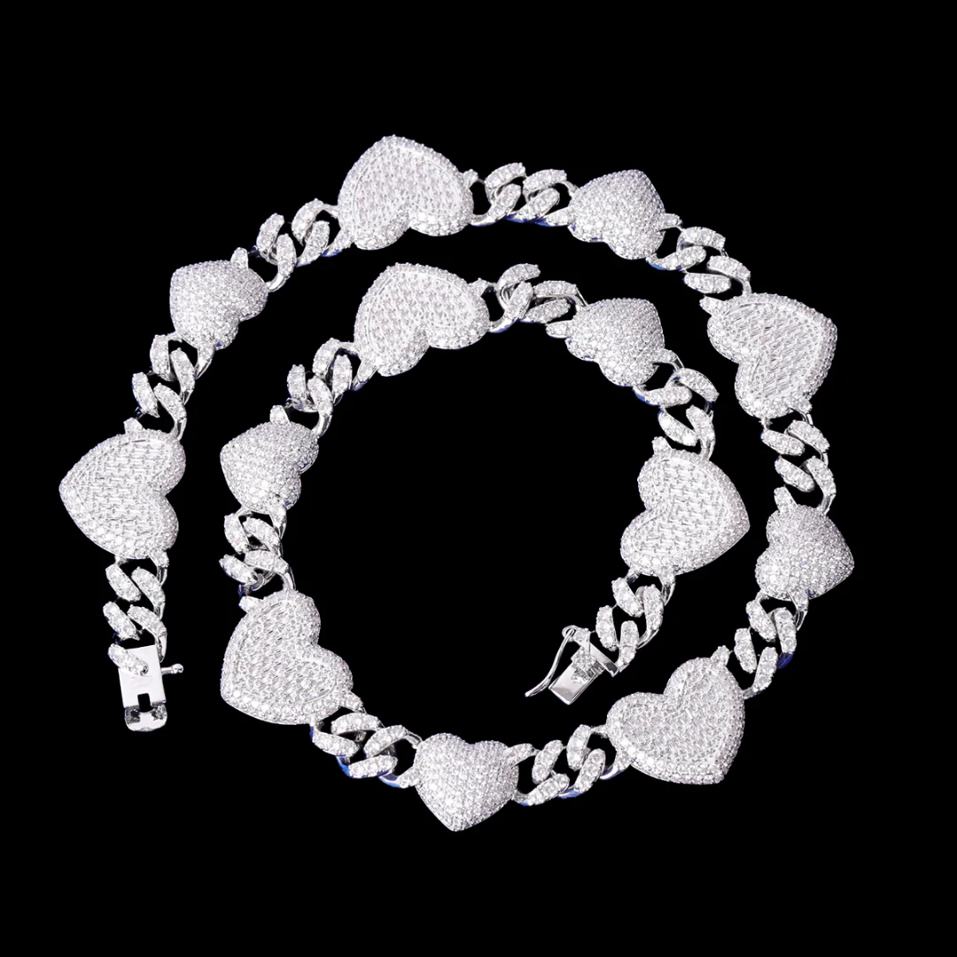 14MM Exclusive Double Heart Iced Out Diamond Necklace Chain
