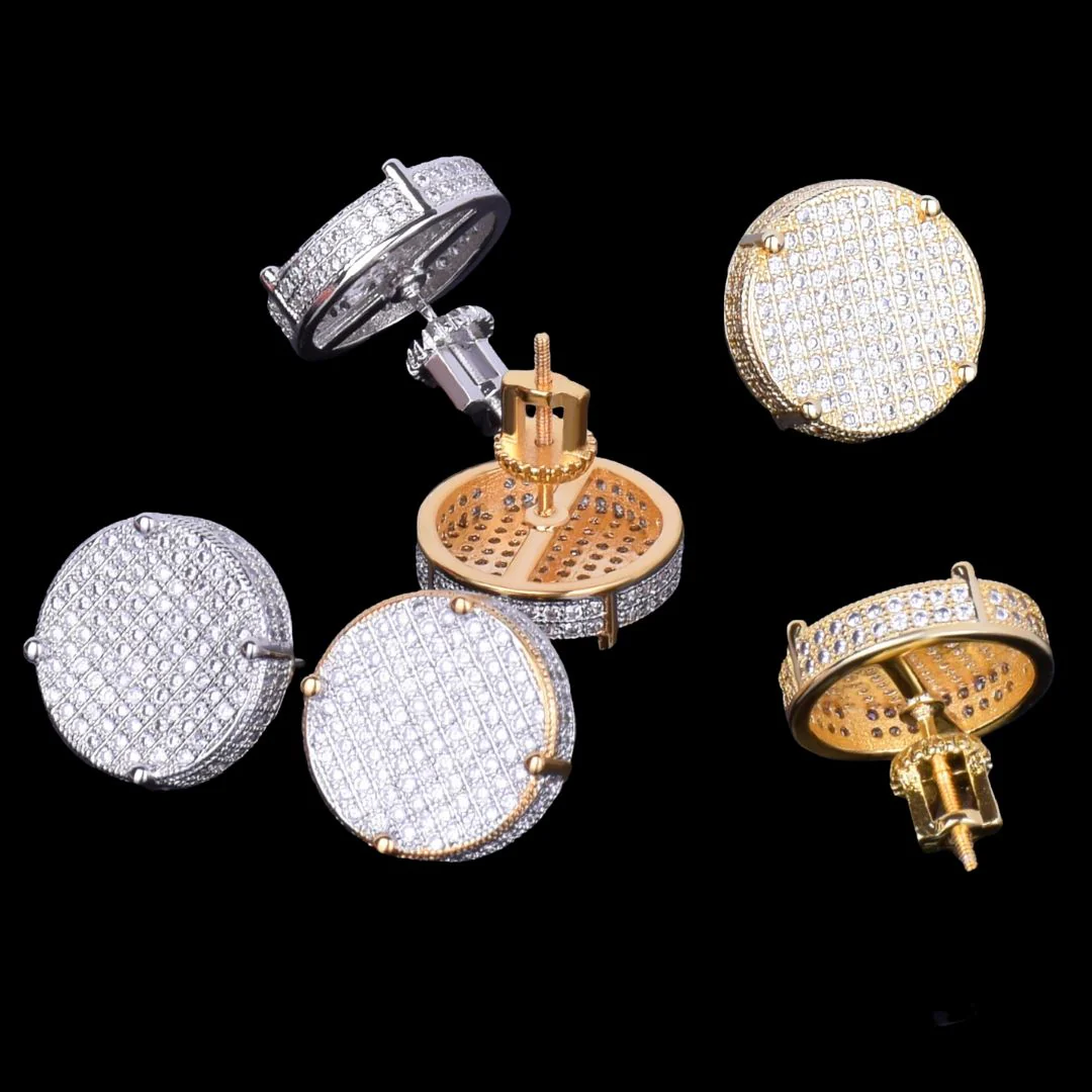 14MM Round Screw Back Iced Out Diamond Stud Earrings - Image 6