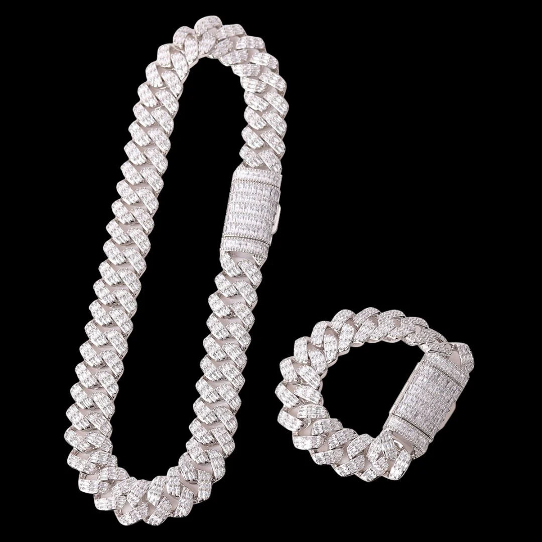 20MM Baguette Cut Diamond Clasp Iced Out Diamond Necklace Bracelet Set - Image 3