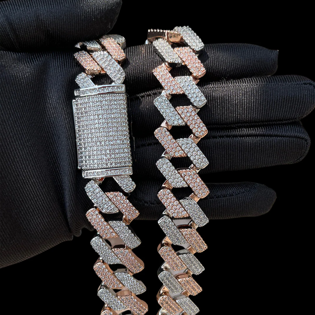 20MM Solid Duo Rose Iced Out Diamond Necklace Bracelet Set - Image 9