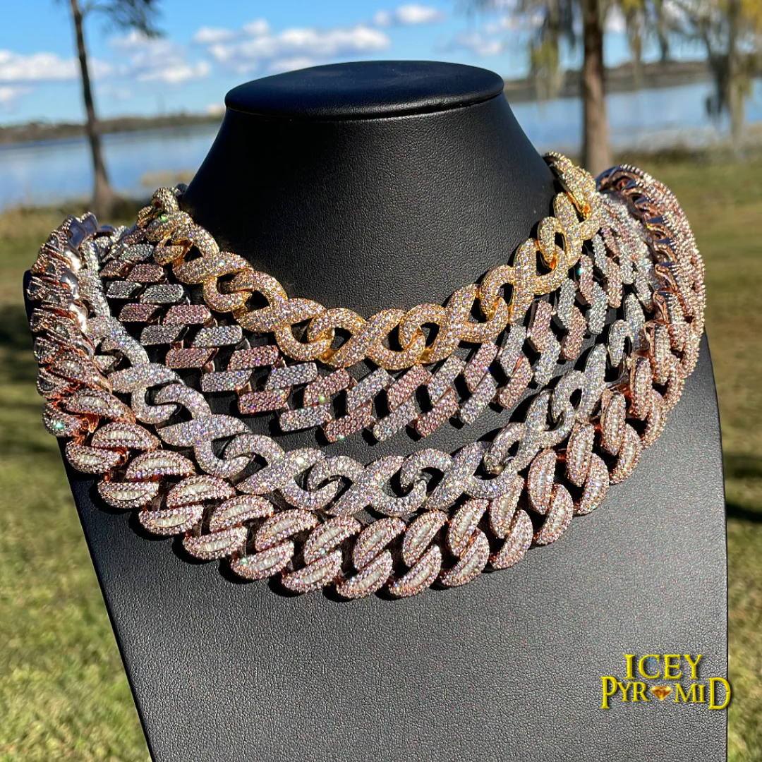 20MM Two Tone Rose Silver Miami Cuban Iced Out Diamond Necklace Chain - Image 2