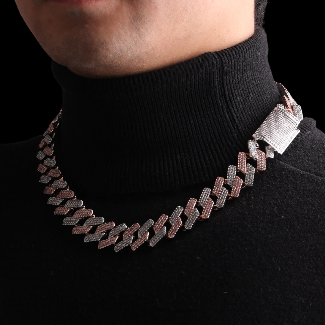 20MM Two Tone Rose Silver Miami Cuban Iced Out Diamond Necklace Chain - Image 3