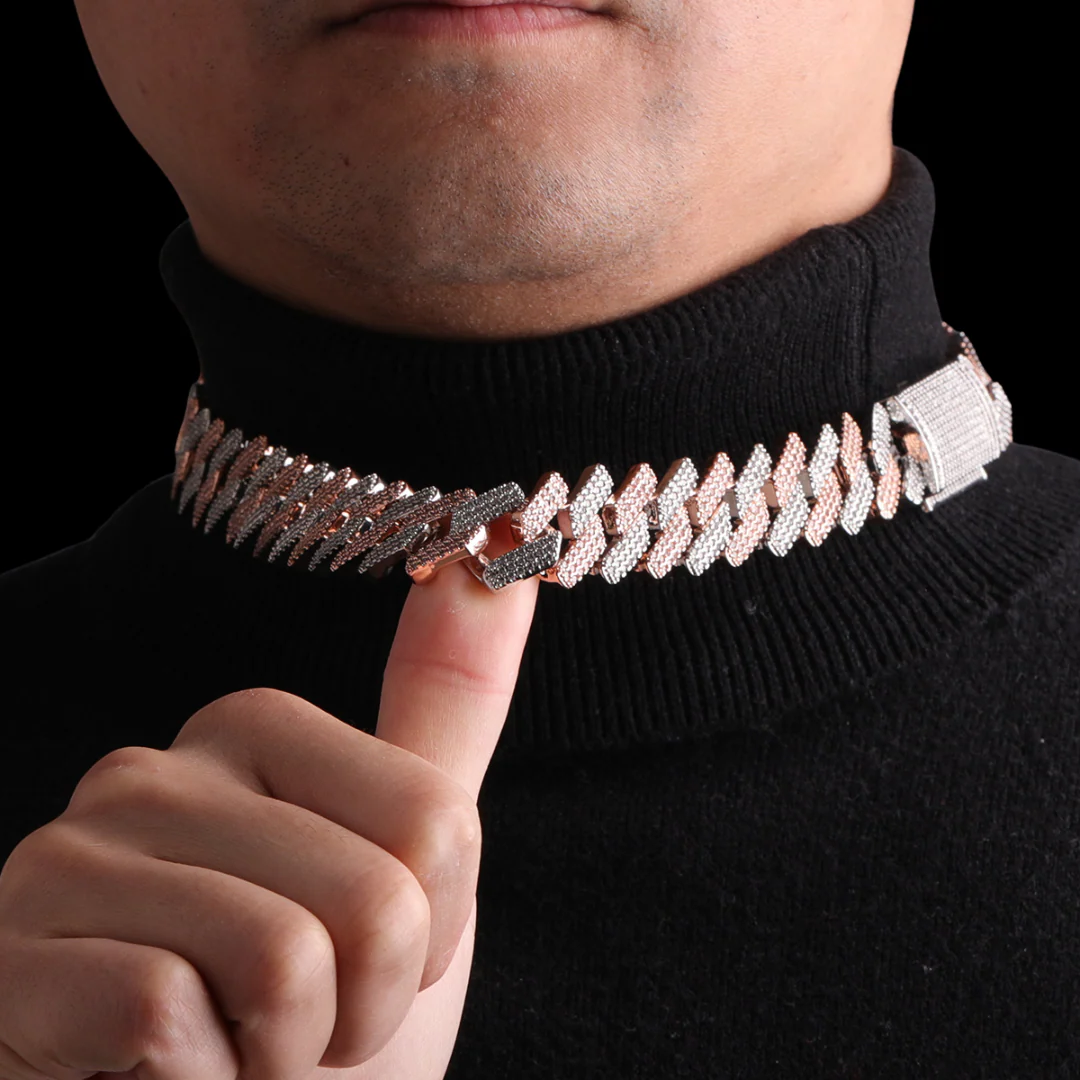 20MM Two Tone Rose Silver Miami Cuban Iced Out Diamond Necklace Chain - Image 4