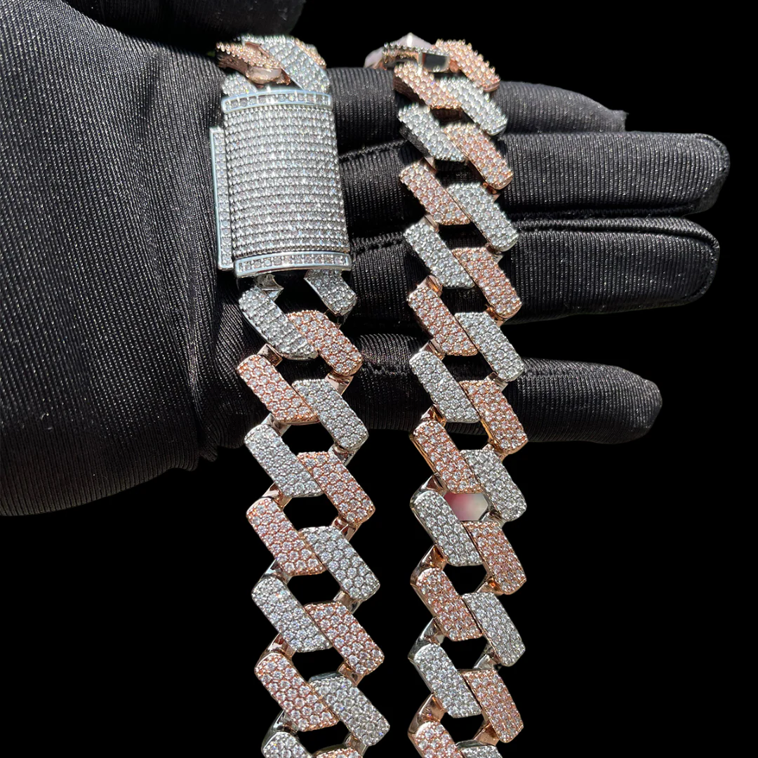 20MM Two Tone Rose Silver Miami Cuban Iced Out Diamond Necklace Chain - Image 8
