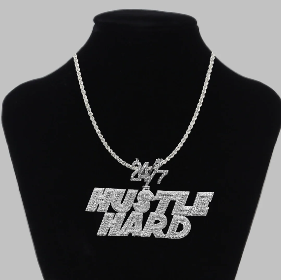 24/7 Hustle Hard Letter Iced Out Letter Diamond Pendant Necklace - Image 2