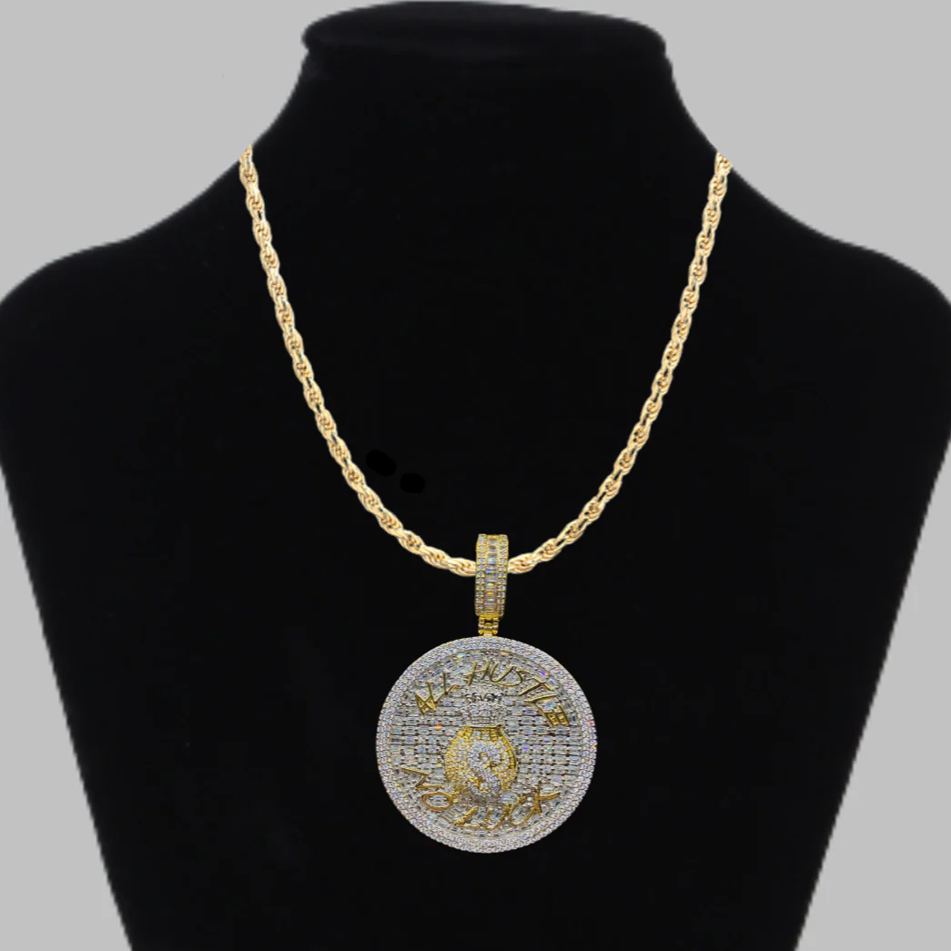 All Hustle No Luck Iced Out Letter Diamond Pendant Necklace - Image 2