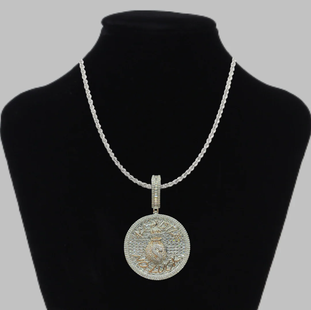 All Hustle No Luck Iced Out Letter Diamond Pendant Necklace - Image 4