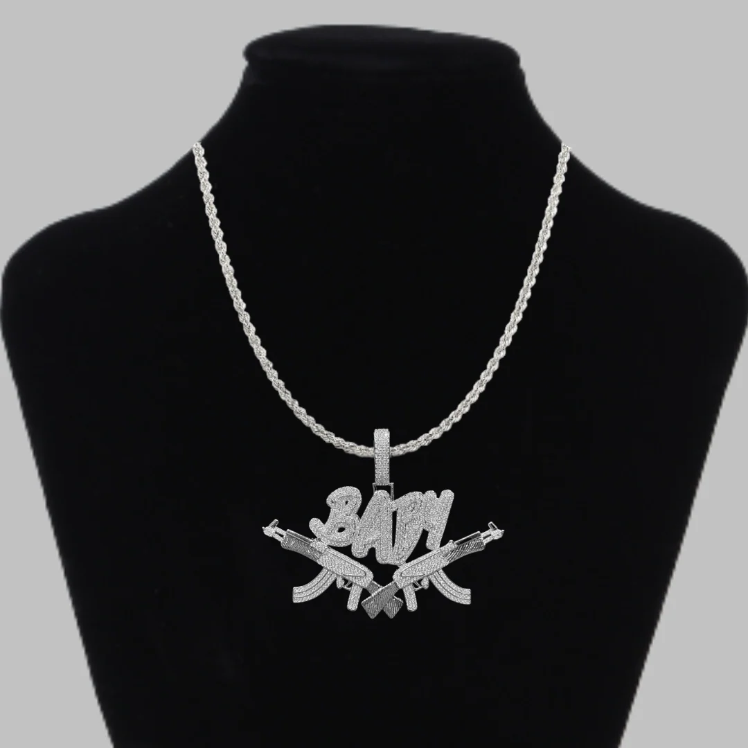 Baby with Double AK Iced Out Letter Diamond Pendant Necklace - Image 2