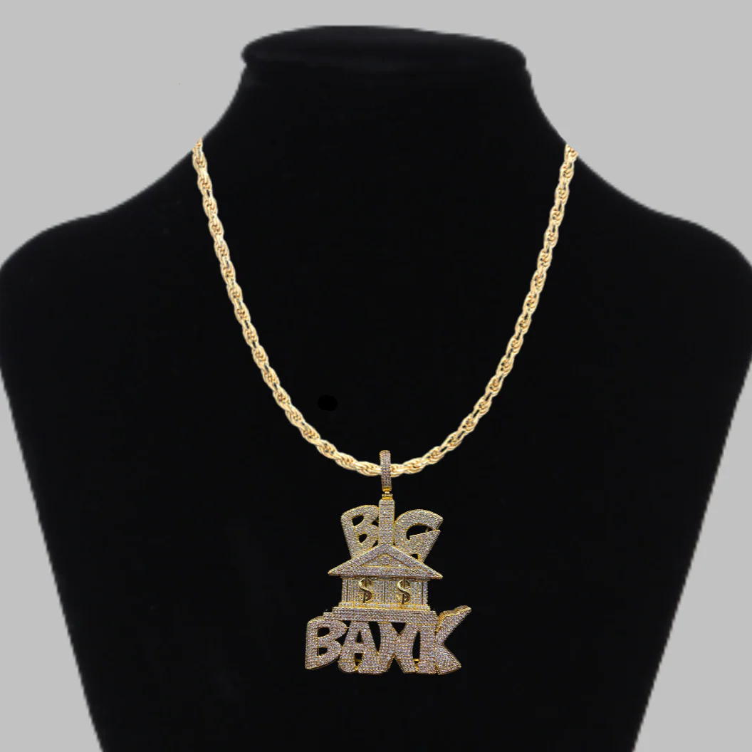 Big Bank with Dollar Signs Iced Out Letter Diamond Pendant Necklace - Image 4