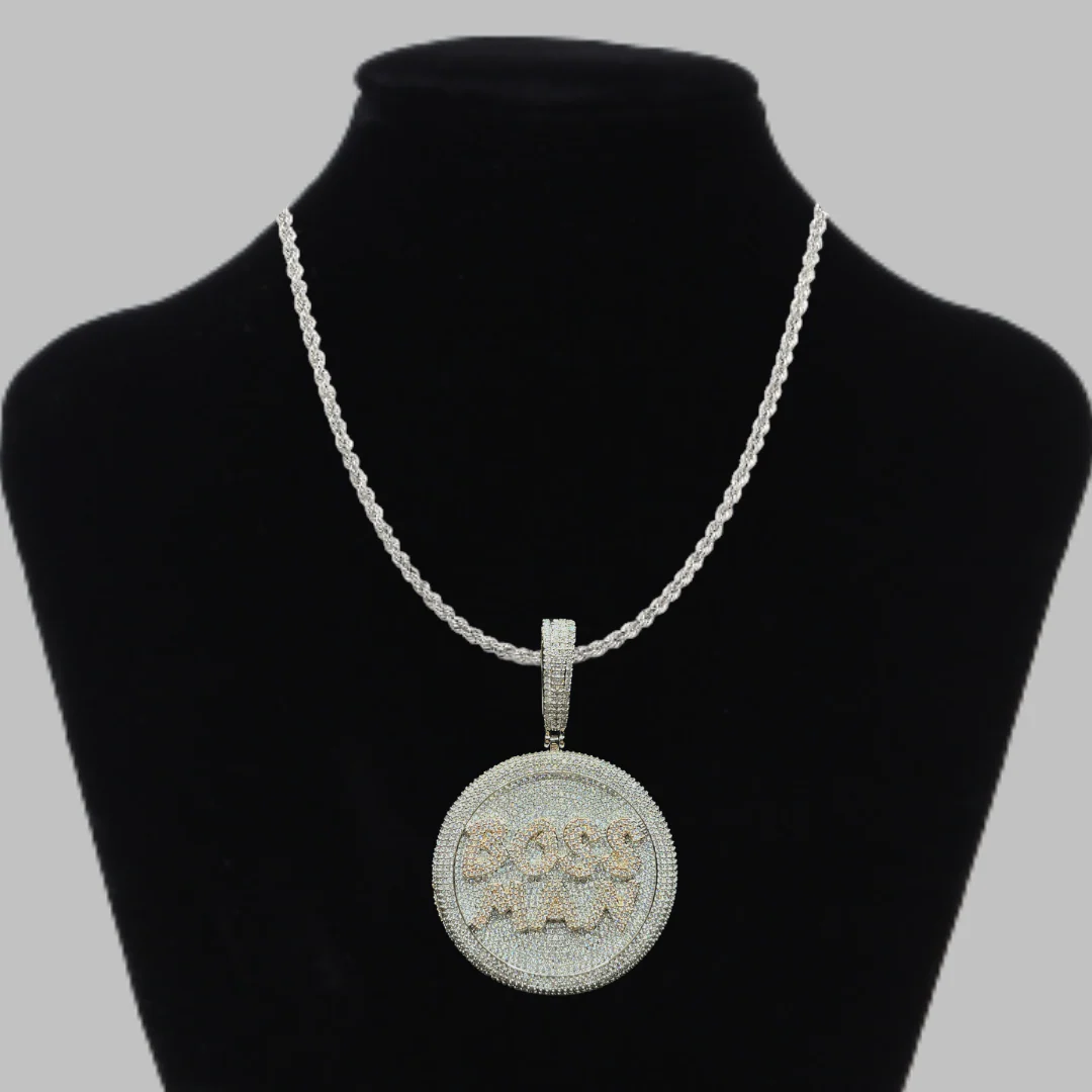 Boss Man Two Tone Round Iced Out Letter Diamond Pendant Necklace - Image 2