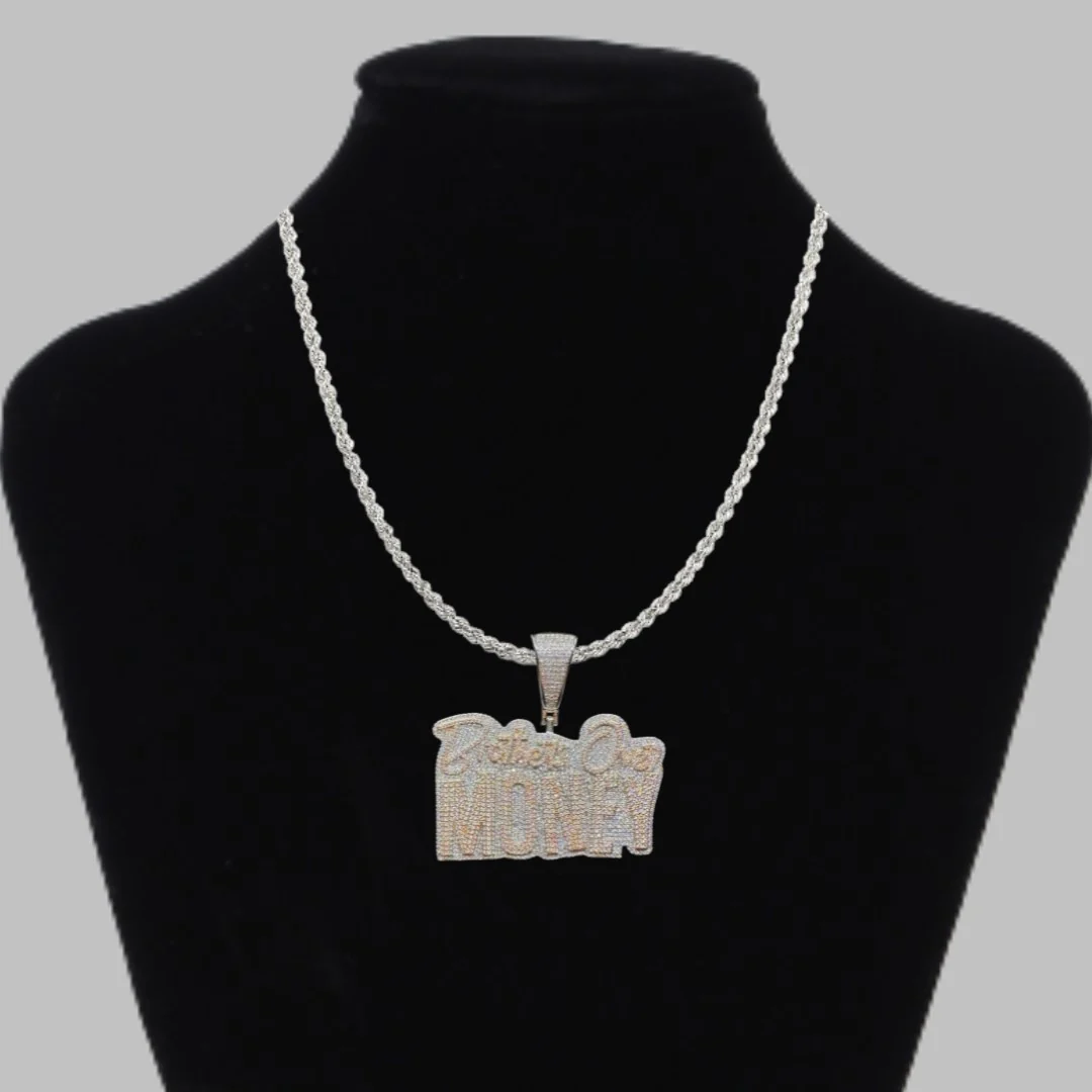 Brothers Over Money Iced Out Letter Diamond Pendant Necklace - Image 2