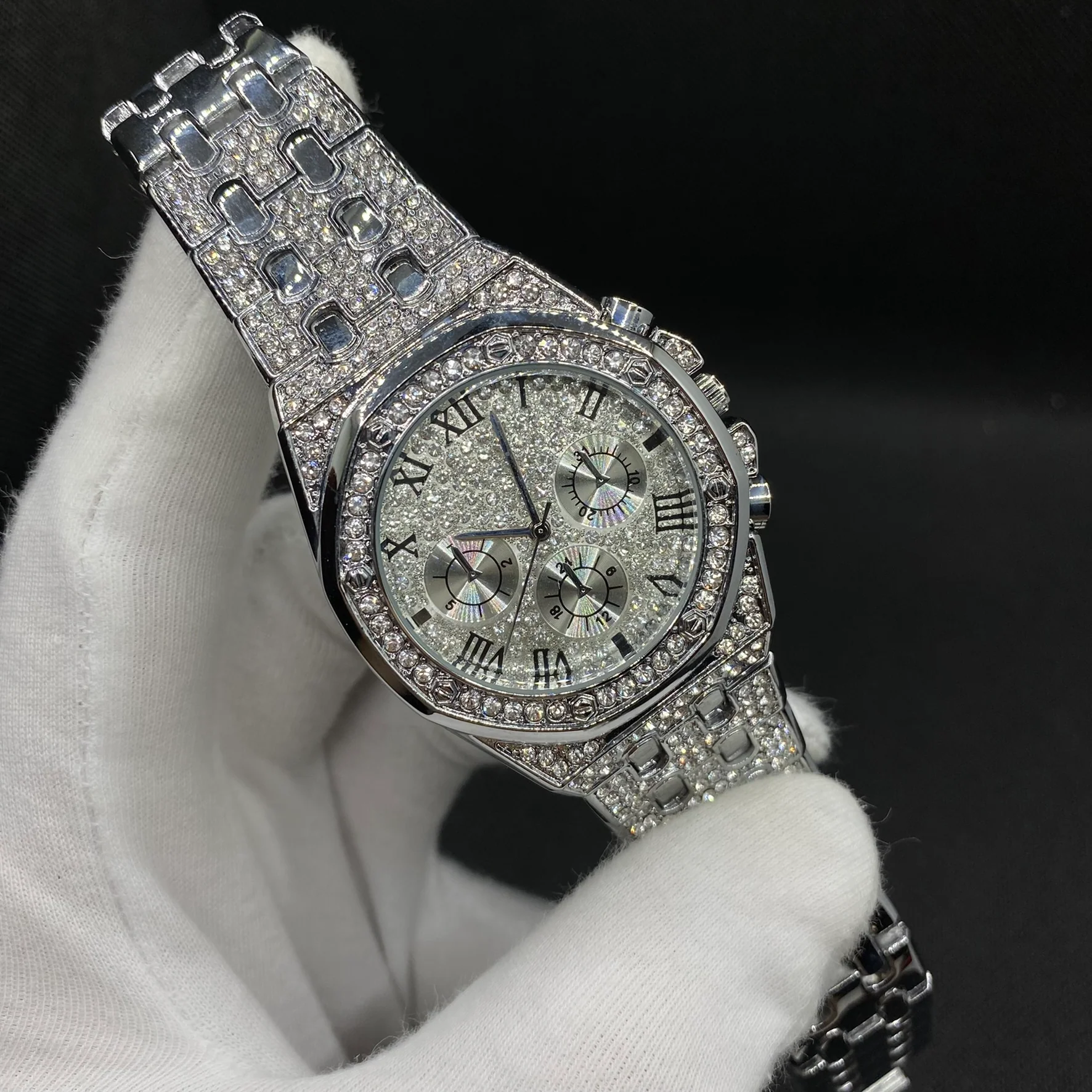 Chronograph Roman Numerals Iced Out Diamond Watch - Image 10