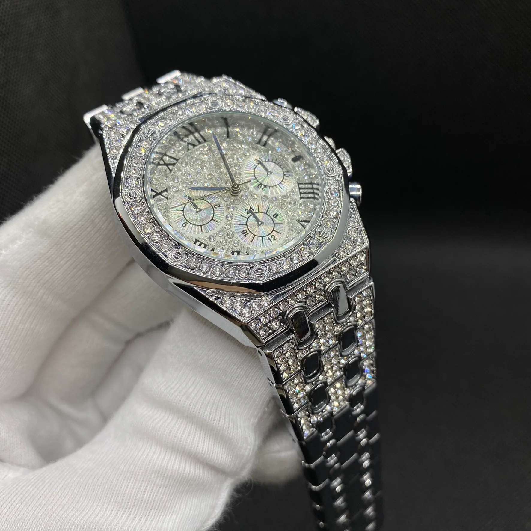 Chronograph Roman Numerals Iced Out Diamond Watch - Image 13
