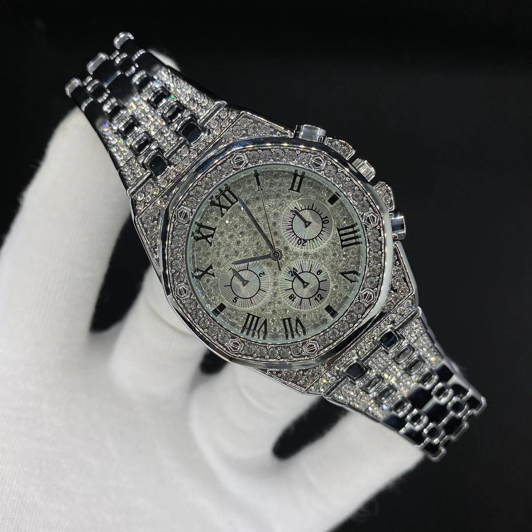 Chronograph Roman Numerals Iced Out Diamond Watch - Image 4