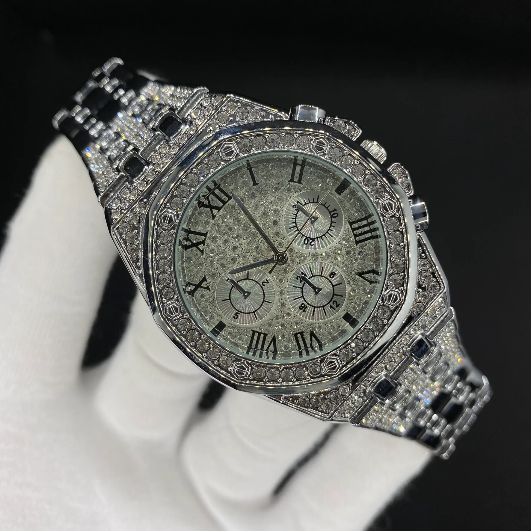 Chronograph Roman Numerals Iced Out Diamond Watch - Image 7