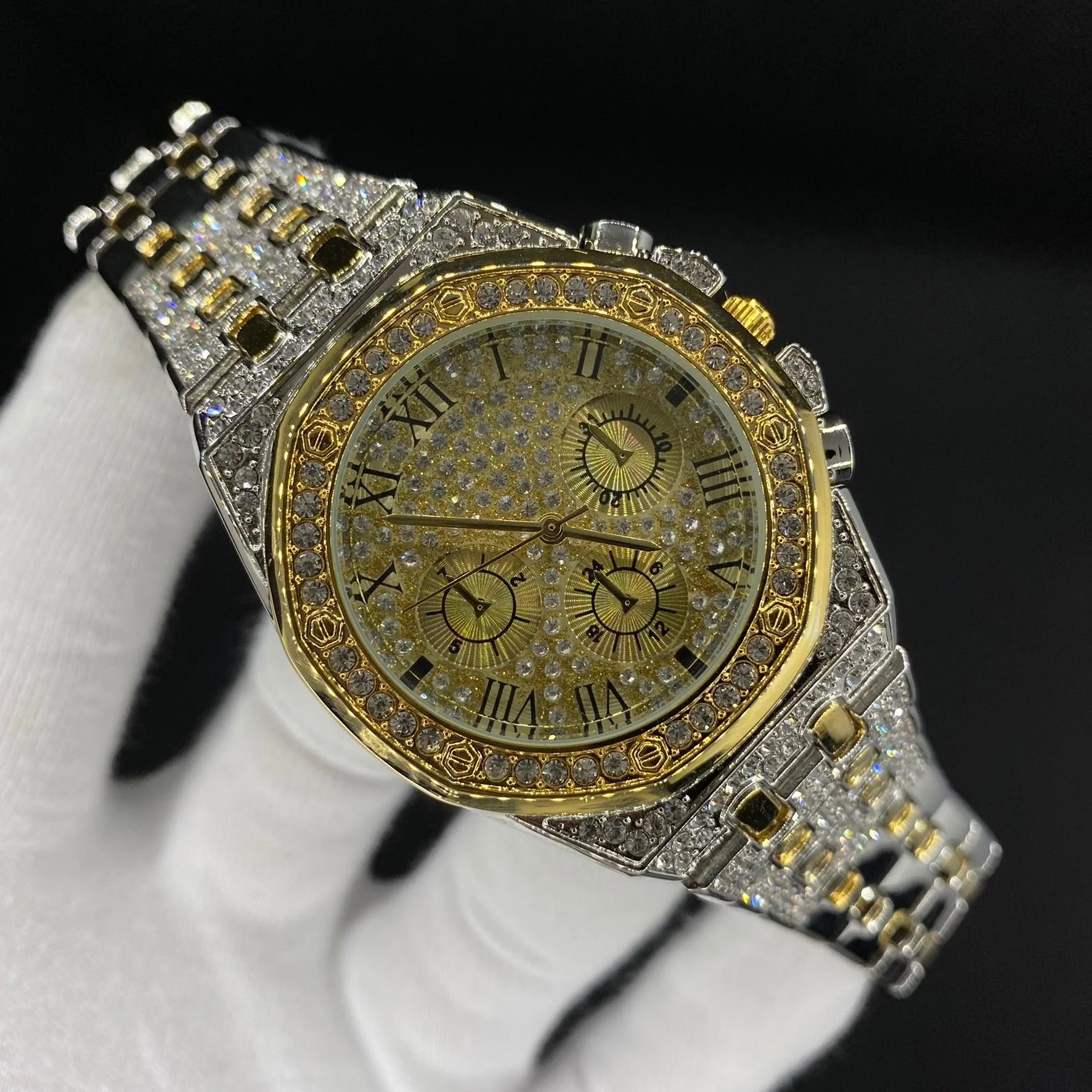 Chronograph Roman Numerals Iced Out Diamond Watch - Image 9