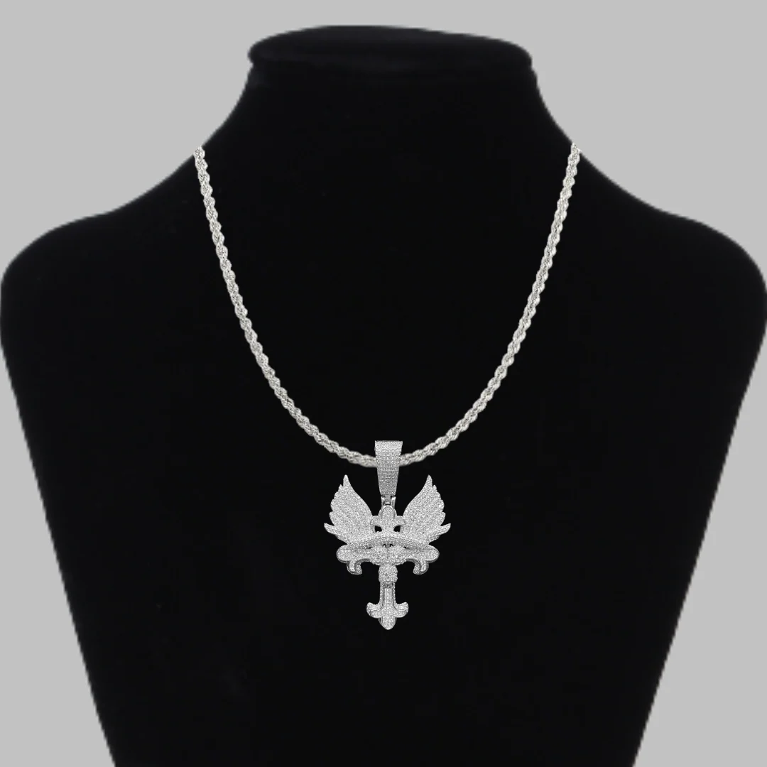 Cross Angel Wings Iced Out Diamond Pendant Necklace - Image 2