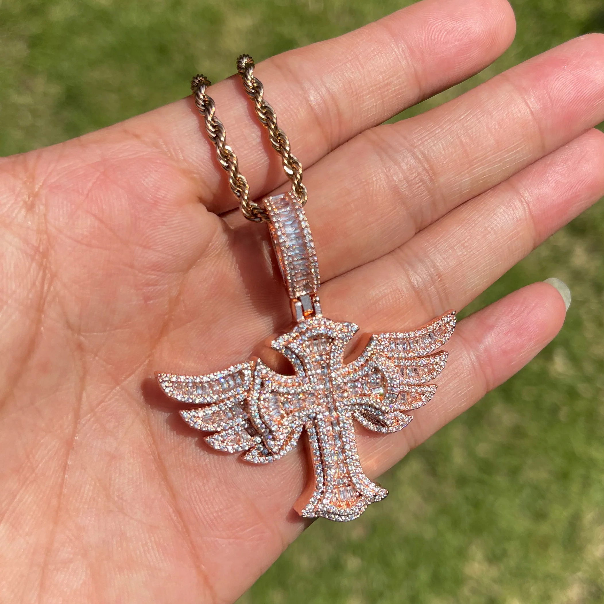 Cross Angel Wing Baguette Iced Out Diamond Pendant Necklace - Image 10