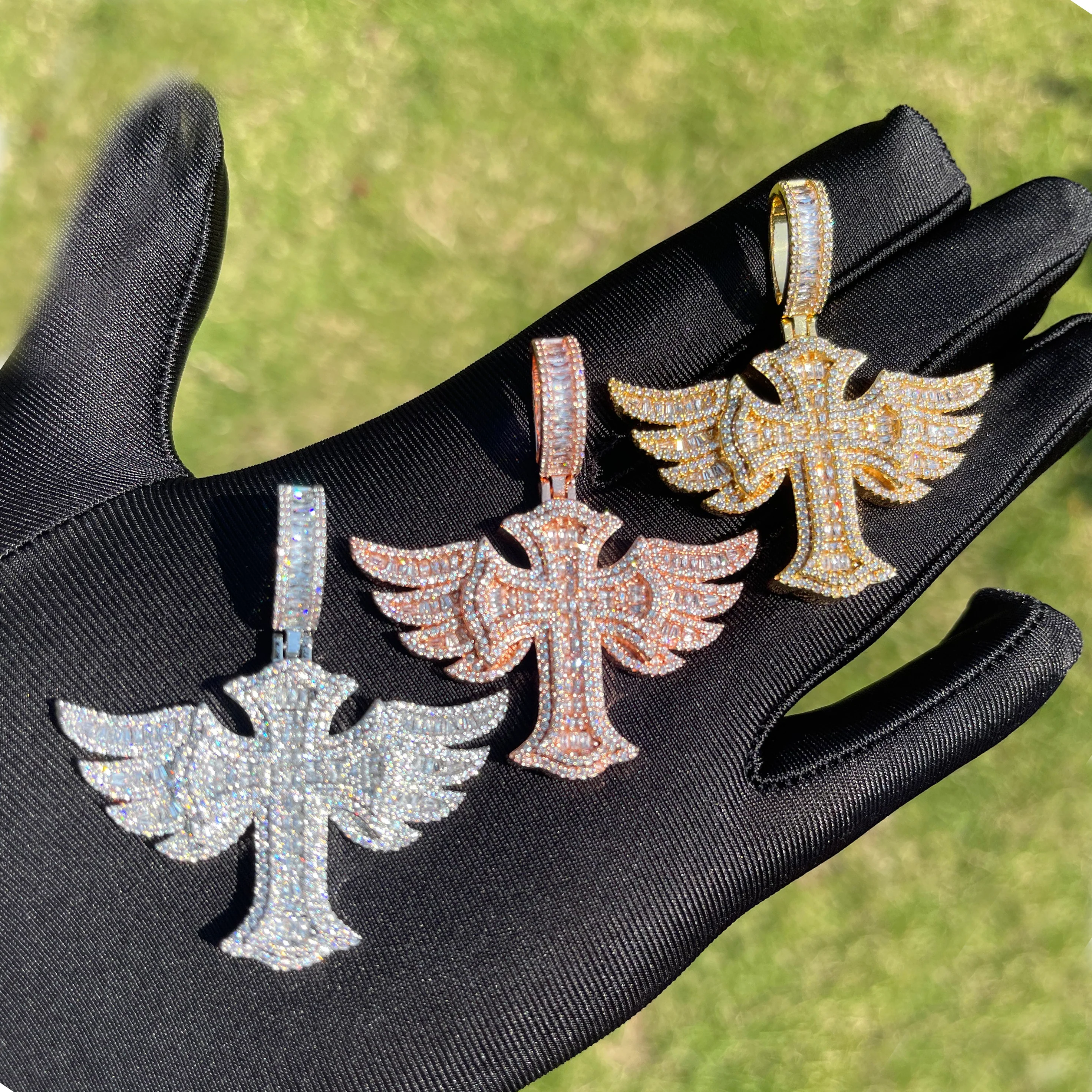 Cross Angel Wing Baguette Iced Out Diamond Pendant Necklace - Image 12