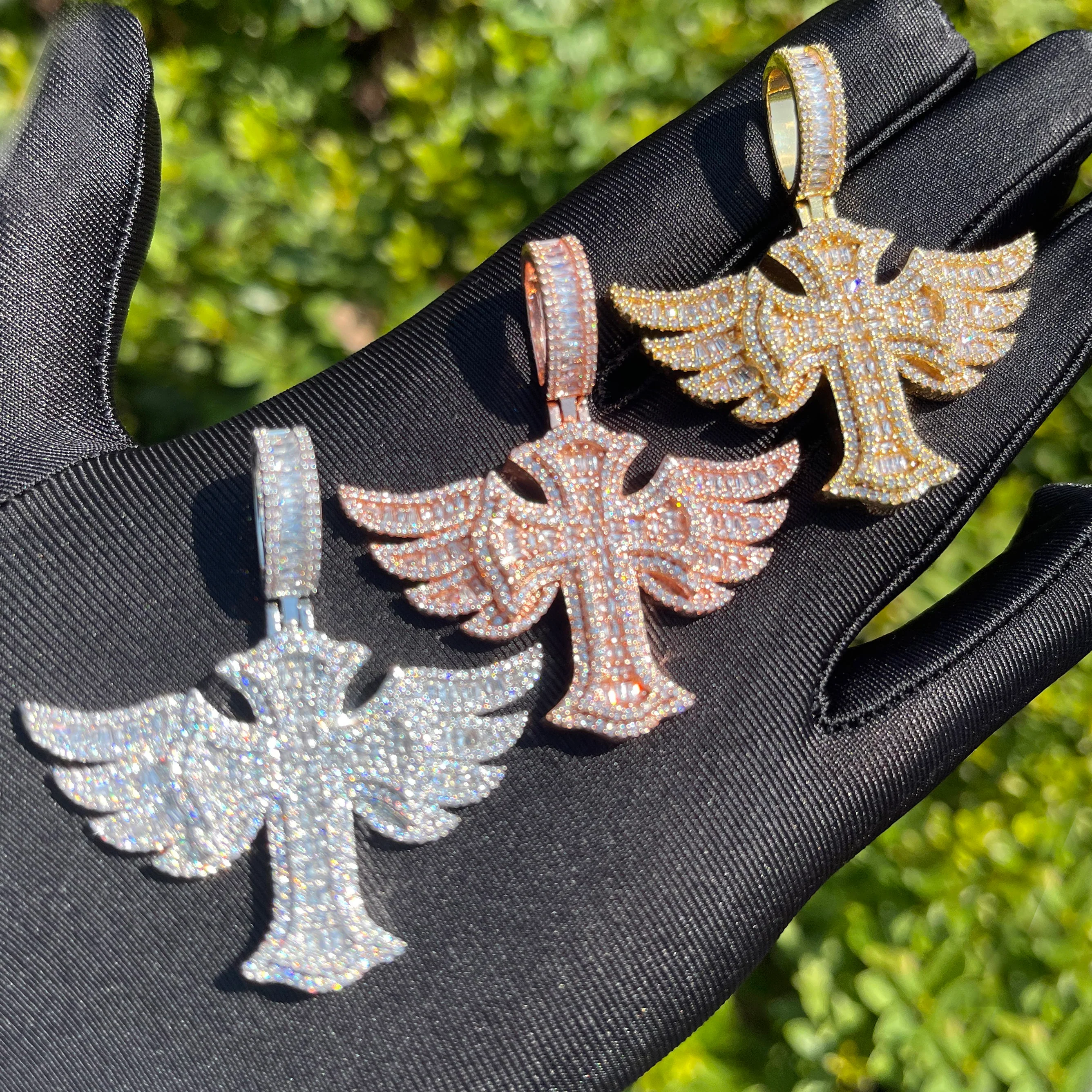Cross Angel Wing Baguette Iced Out Diamond Pendant Necklace - Image 13
