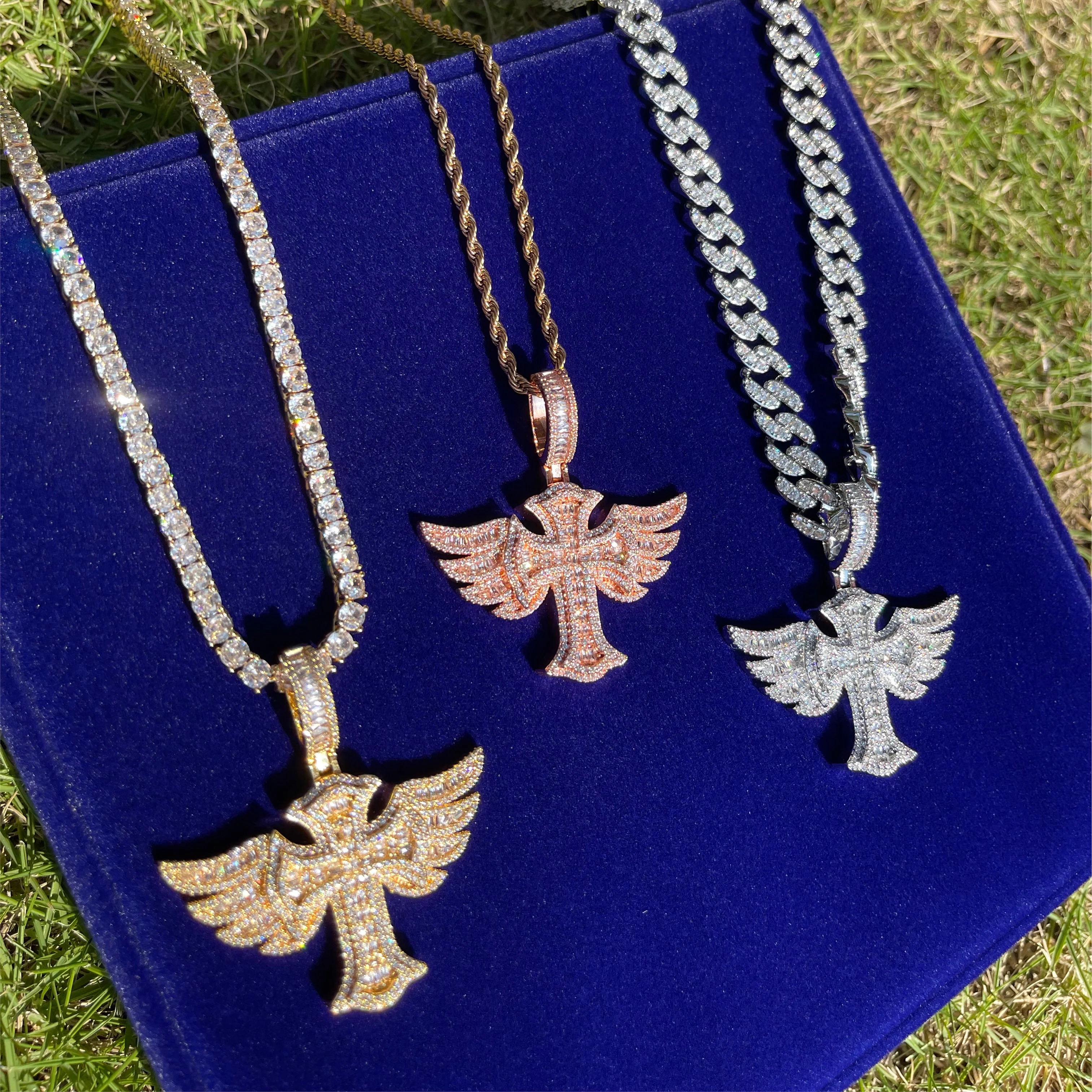 Cross Angel Wing Baguette Iced Out Diamond Pendant Necklace - Image 14