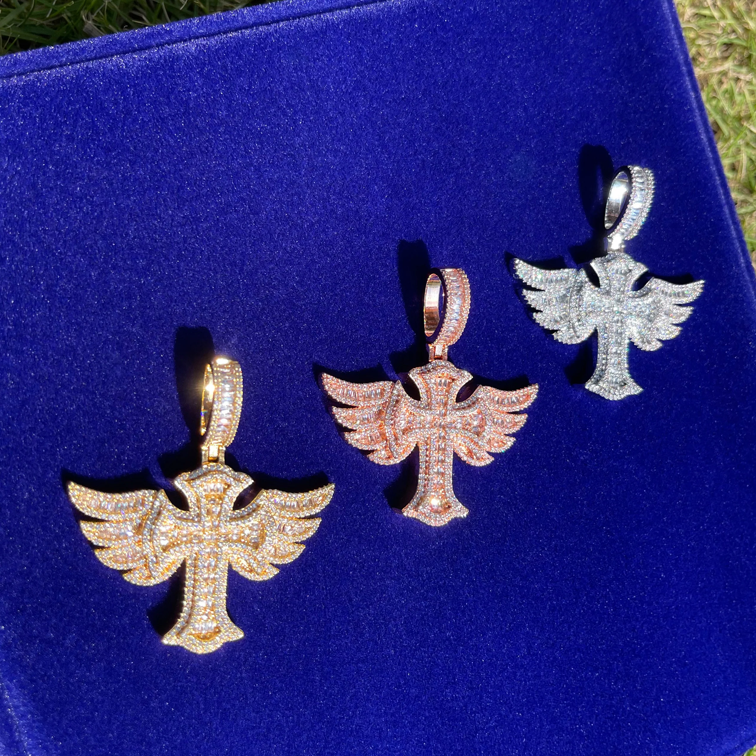 Cross Angel Wing Baguette Iced Out Diamond Pendant Necklace - Image 15