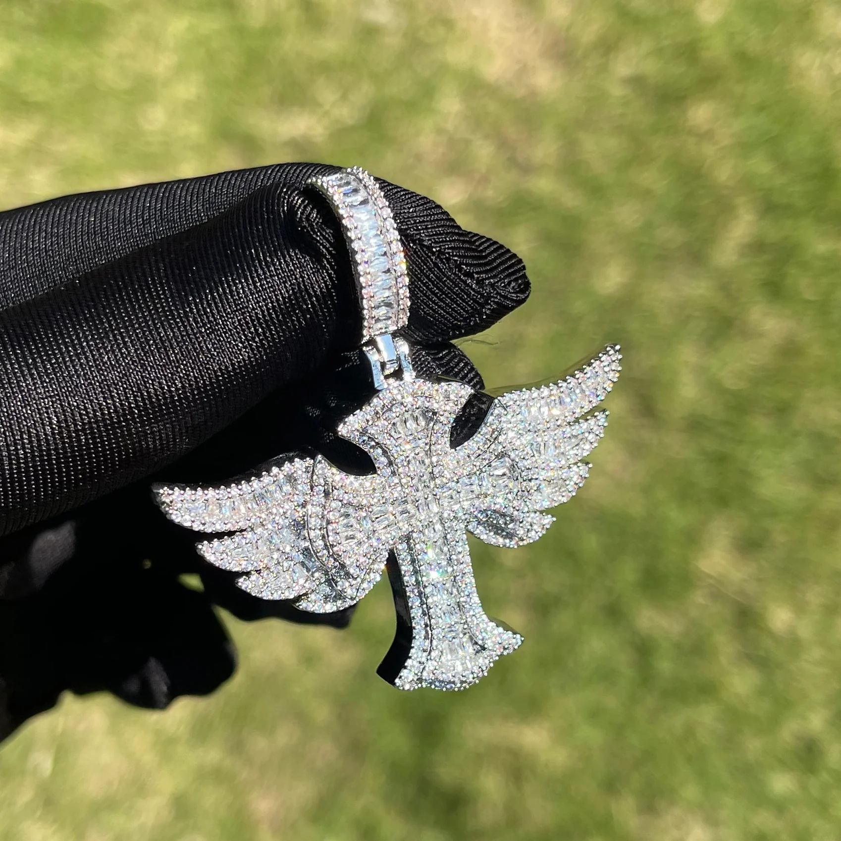 Cross Angel Wing Baguette Iced Out Diamond Pendant Necklace - Image 2