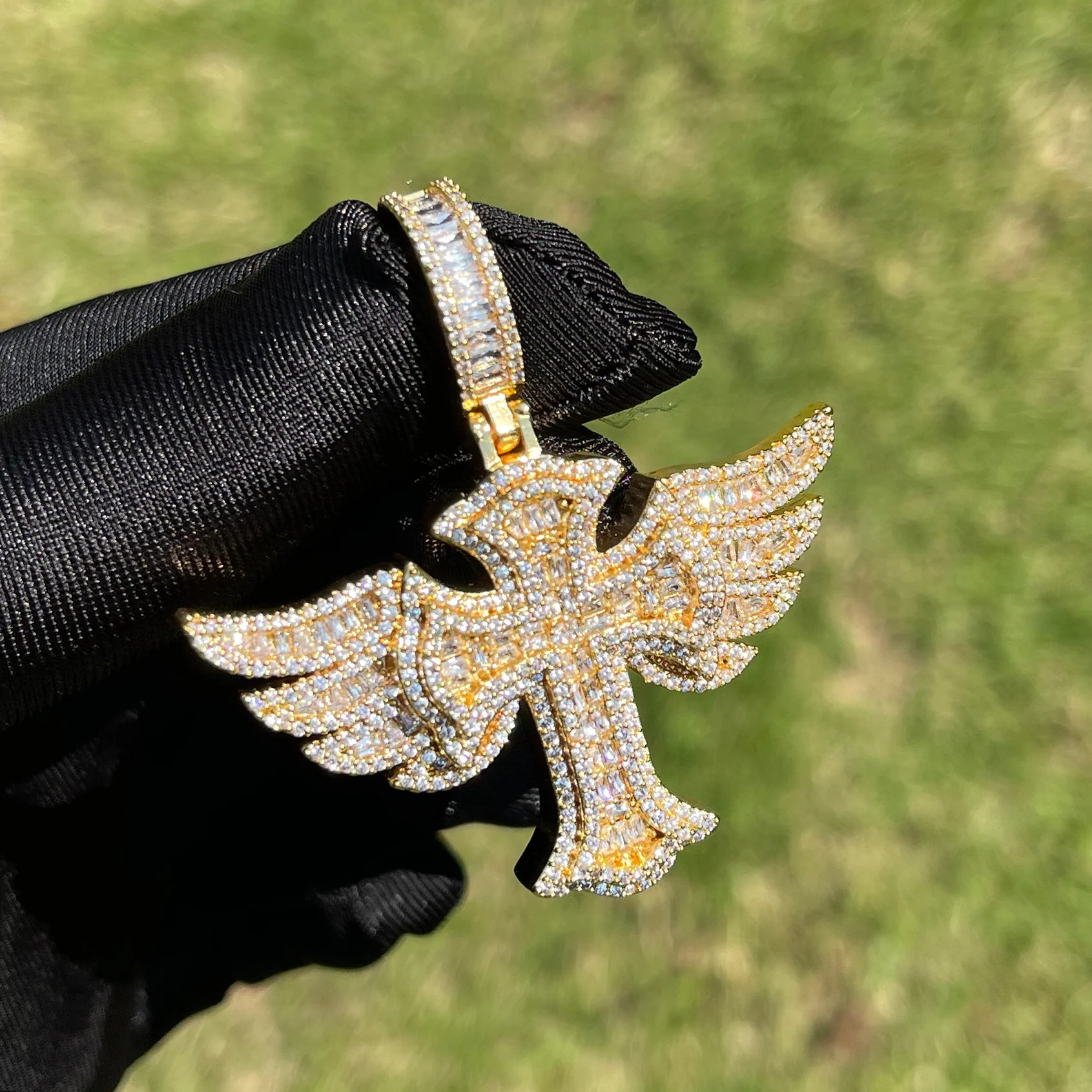 Cross Angel Wing Baguette Iced Out Diamond Pendant Necklace - Image 5