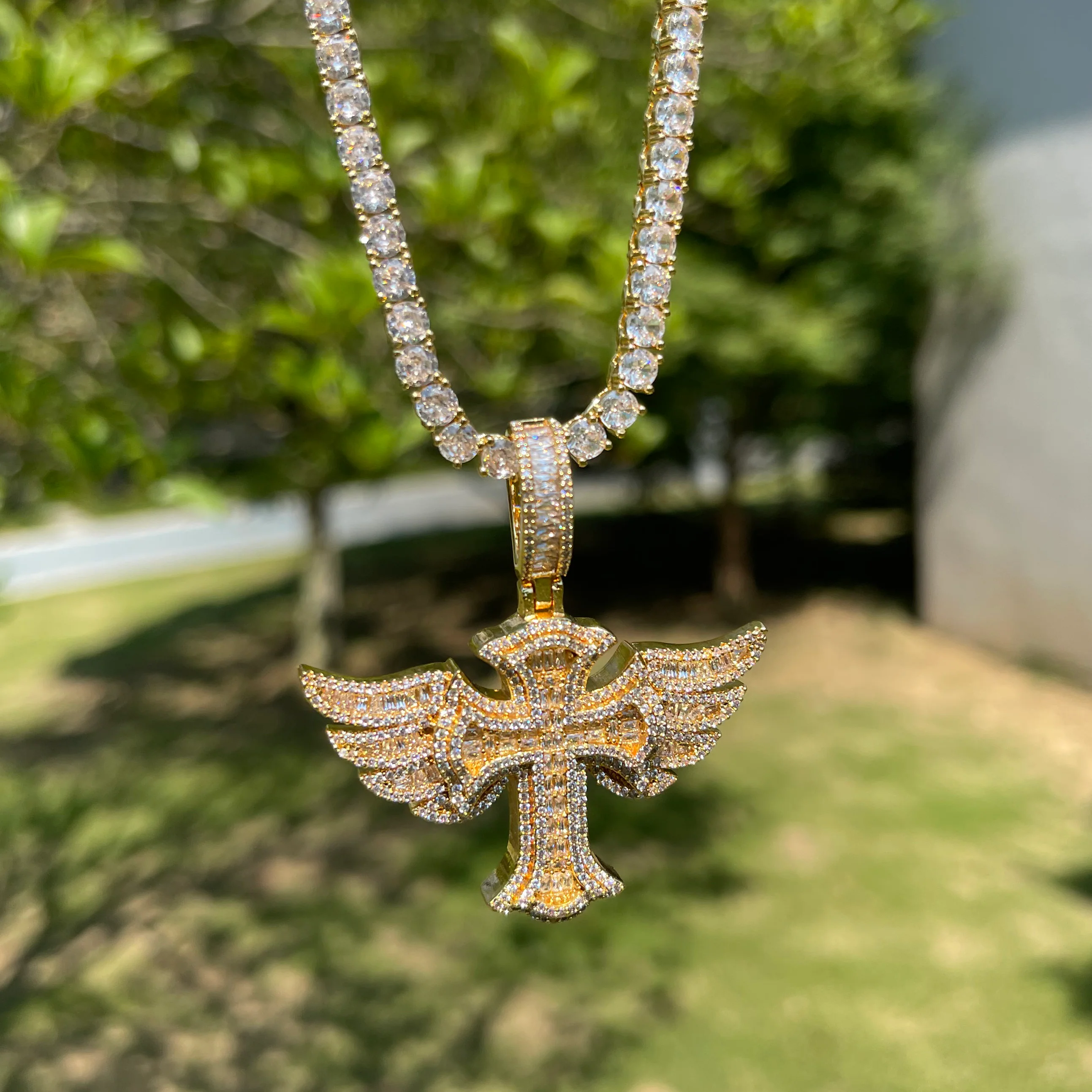 Cross Angel Wing Baguette Iced Out Diamond Pendant Necklace - Image 6
