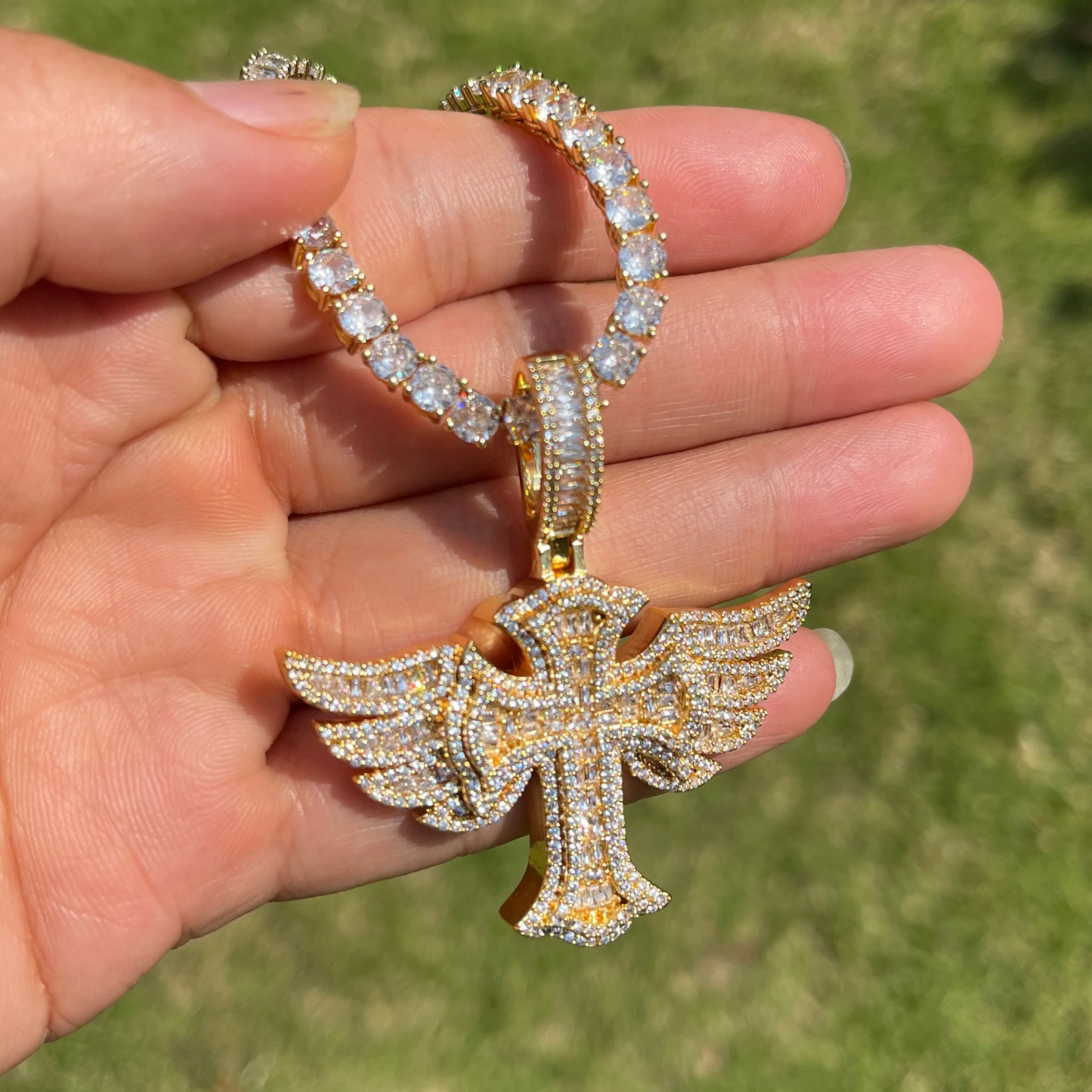 Cross Angel Wing Baguette Iced Out Diamond Pendant Necklace - Image 8