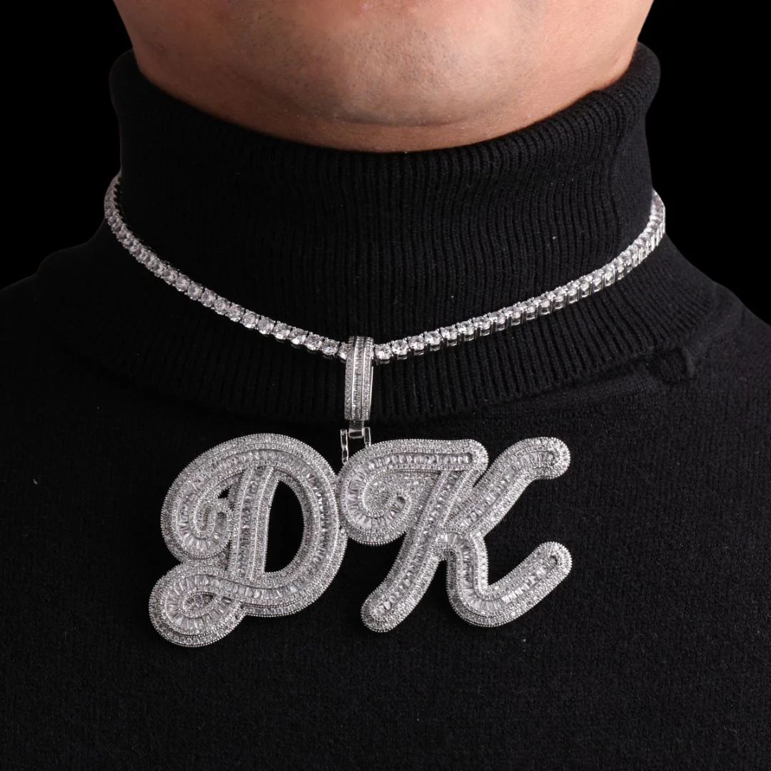 Designer Font Baguette Iced Out Personalized Custom Name Necklace Pendant
