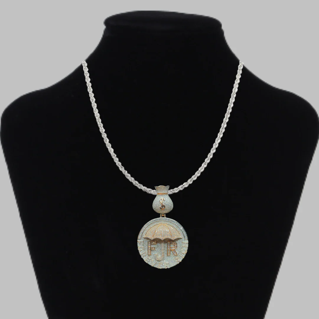 Forever Rich Umbrella Money Bag Bail Iced Out Letter Diamond Pendant Necklace - Image 2