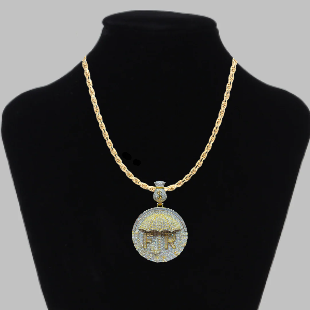 Forever Rich Umbrella Money Bag Bail Iced Out Letter Diamond Pendant Necklace - Image 4
