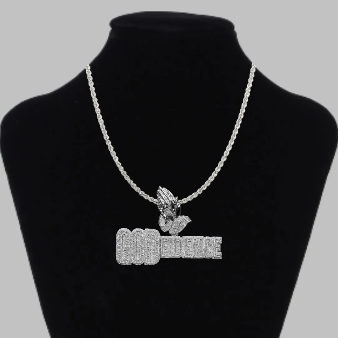 God Fidence Praying Hands Bail Iced Out Letter Diamond Pendant Necklace - Image 2