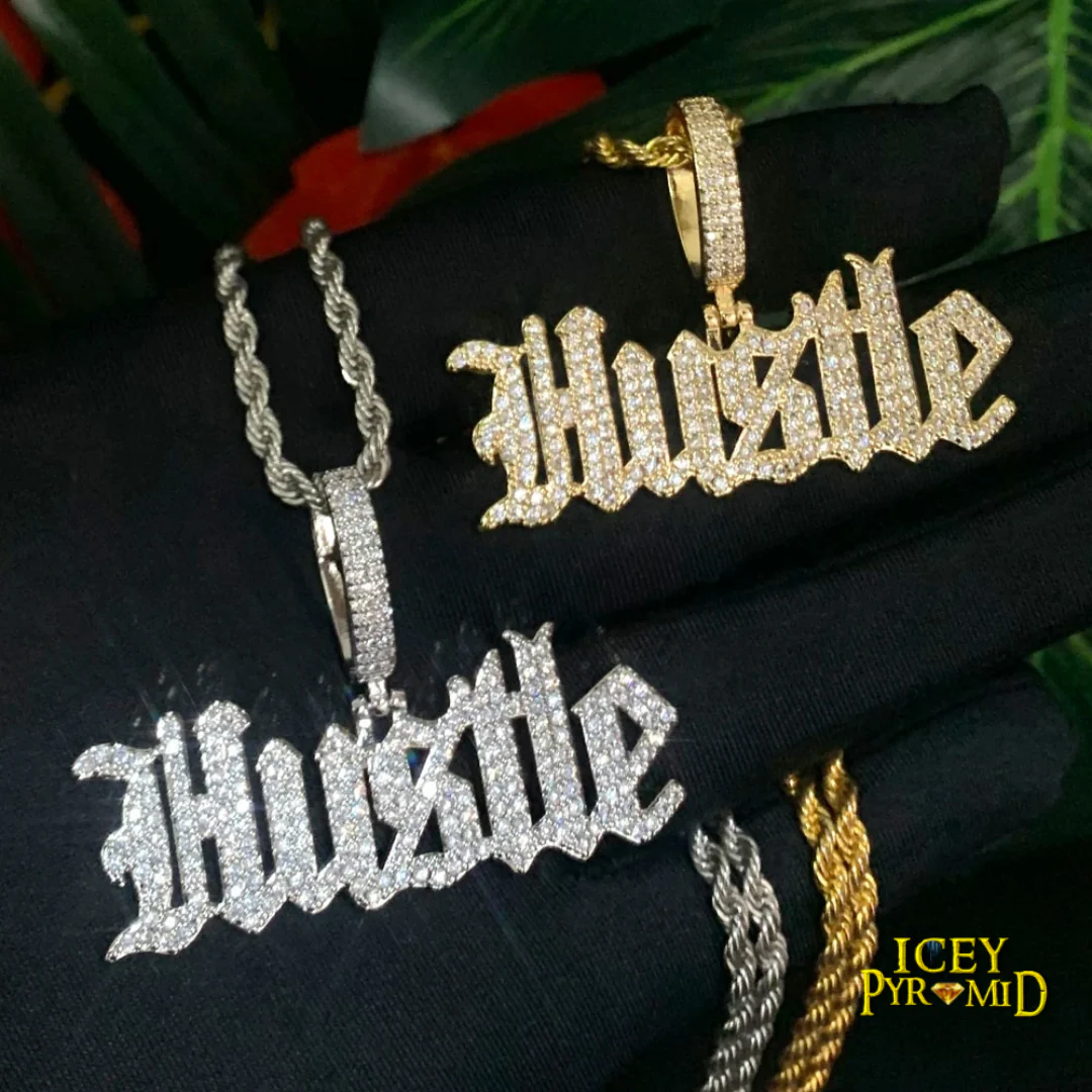 Hustle Iced Out Letter Diamond Pendant Necklace - Image 5