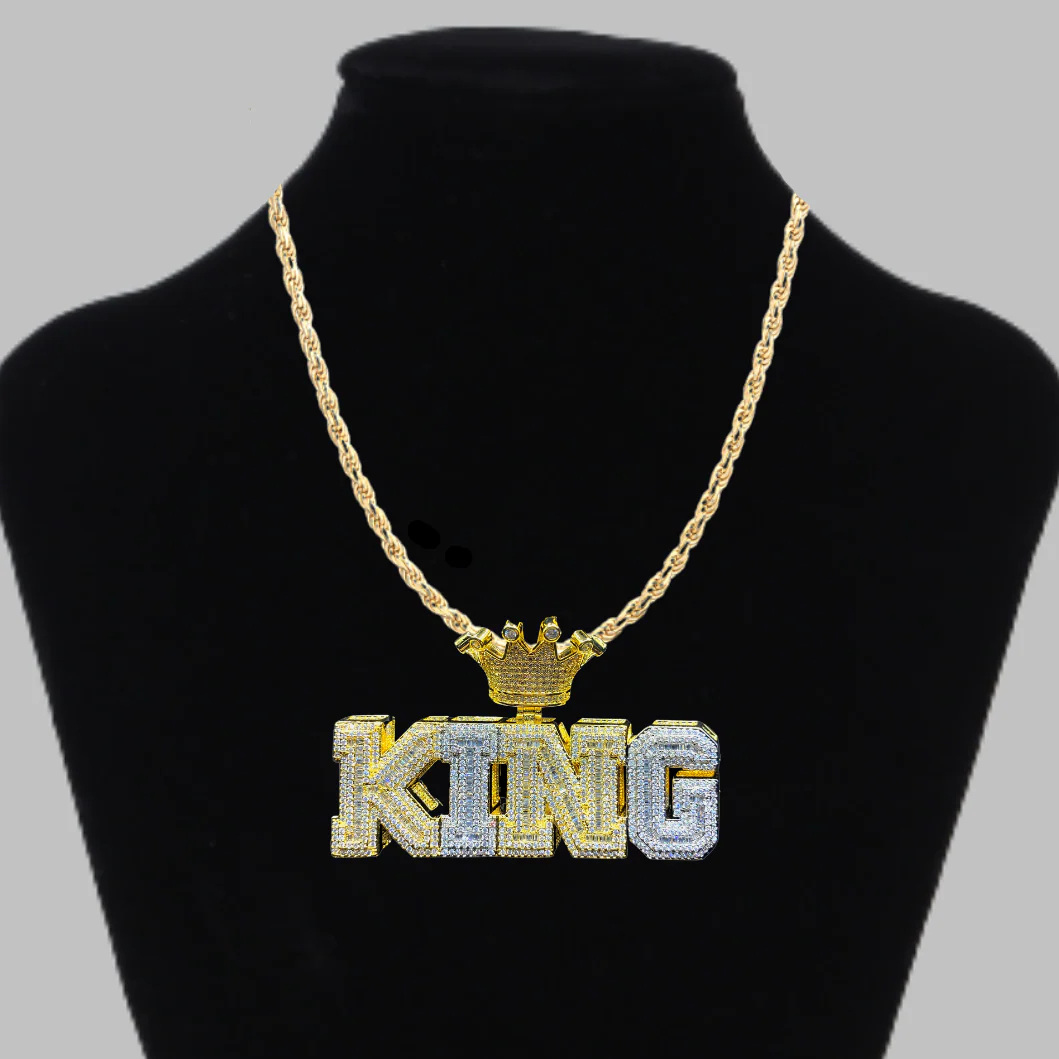 King with Crown Iced Out Letter Diamond Pendant Necklace - Image 2