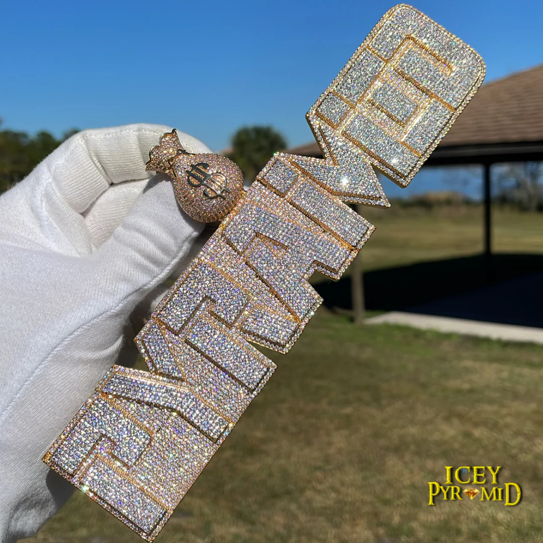 Money Bag Bail Two Layers Iced Out Personalized Custom Name Necklace Pendant - Image 14