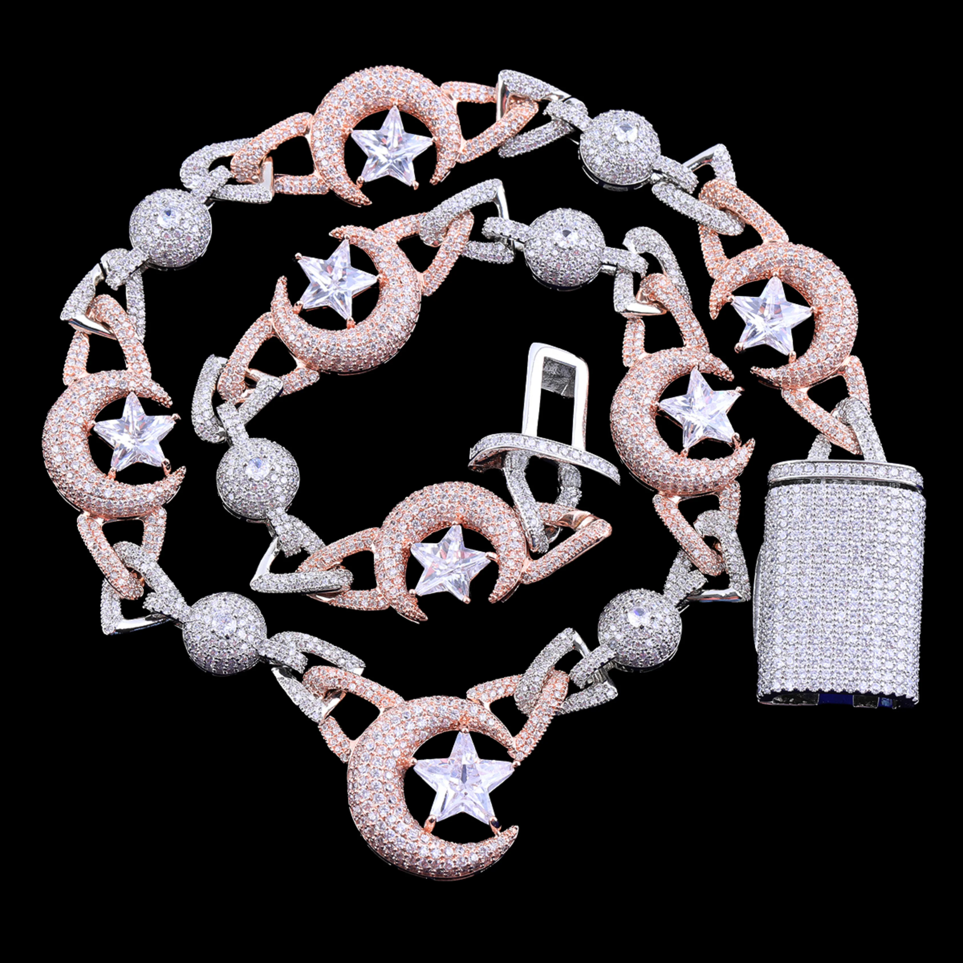 18MM Moon and Star World Iced Out Diamond Necklace Chain - Image 2