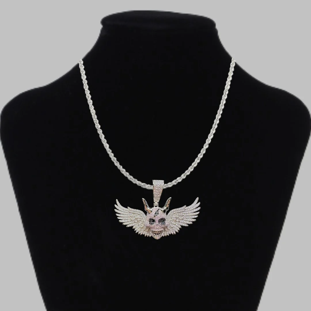 Wing Skull Iced Out Diamond Pendant Necklace - Image 2