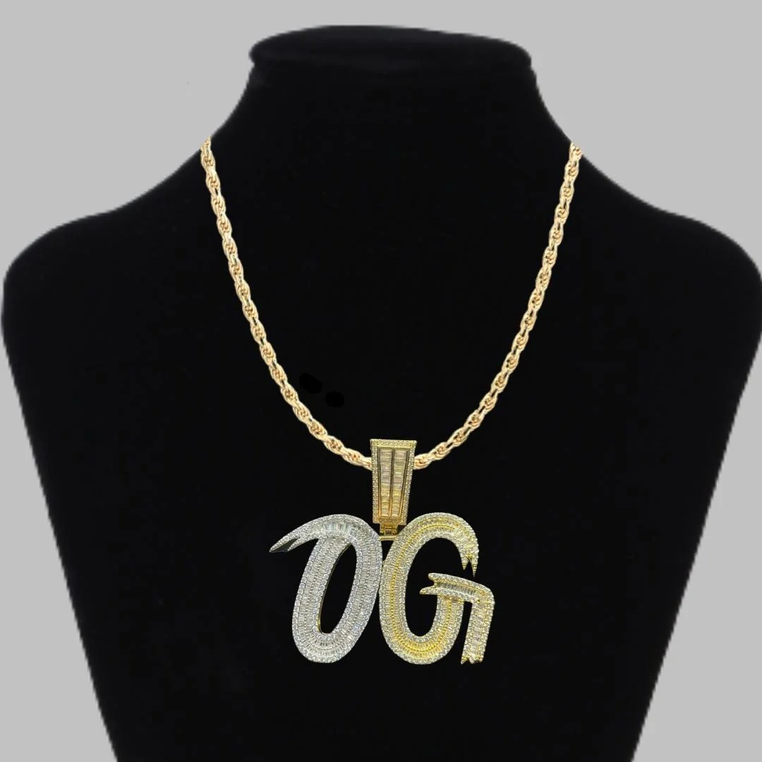 OG Baguette Duo Color Iced Out Letter Diamond Pendant Necklace - Image 2