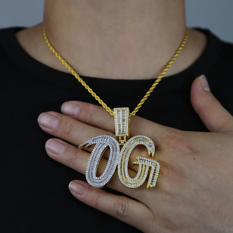 OG Baguette Duo Color Iced Out Letter Diamond Pendant Necklace - Image 3