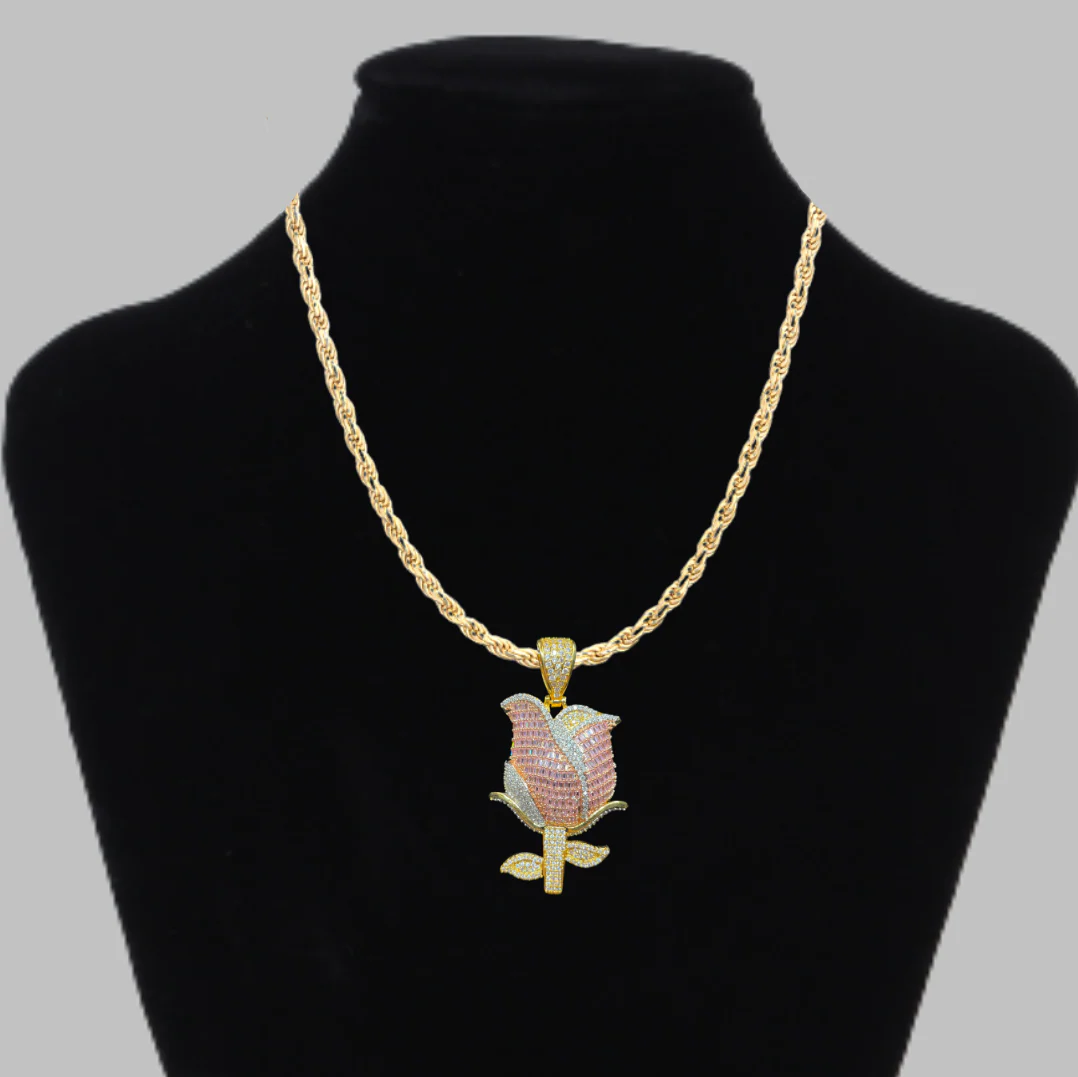 Rose Flower Fully Detailed Elegant Iced Out Diamond Pendant Necklace - Image 2