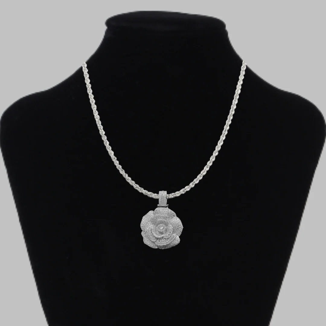Rose Flower Iced Out Diamond Pendant Necklace - Image 2