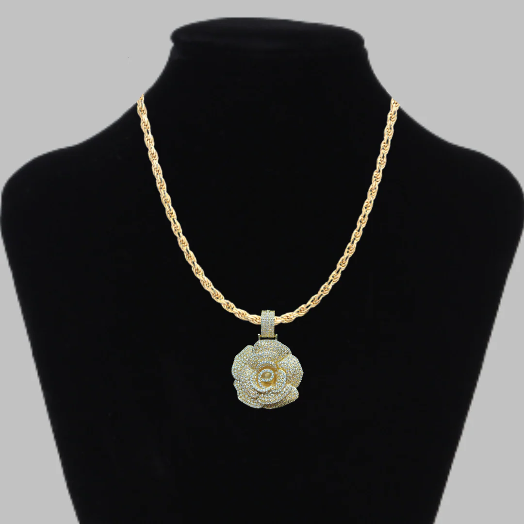 Rose Flower Iced Out Diamond Pendant Necklace - Image 4