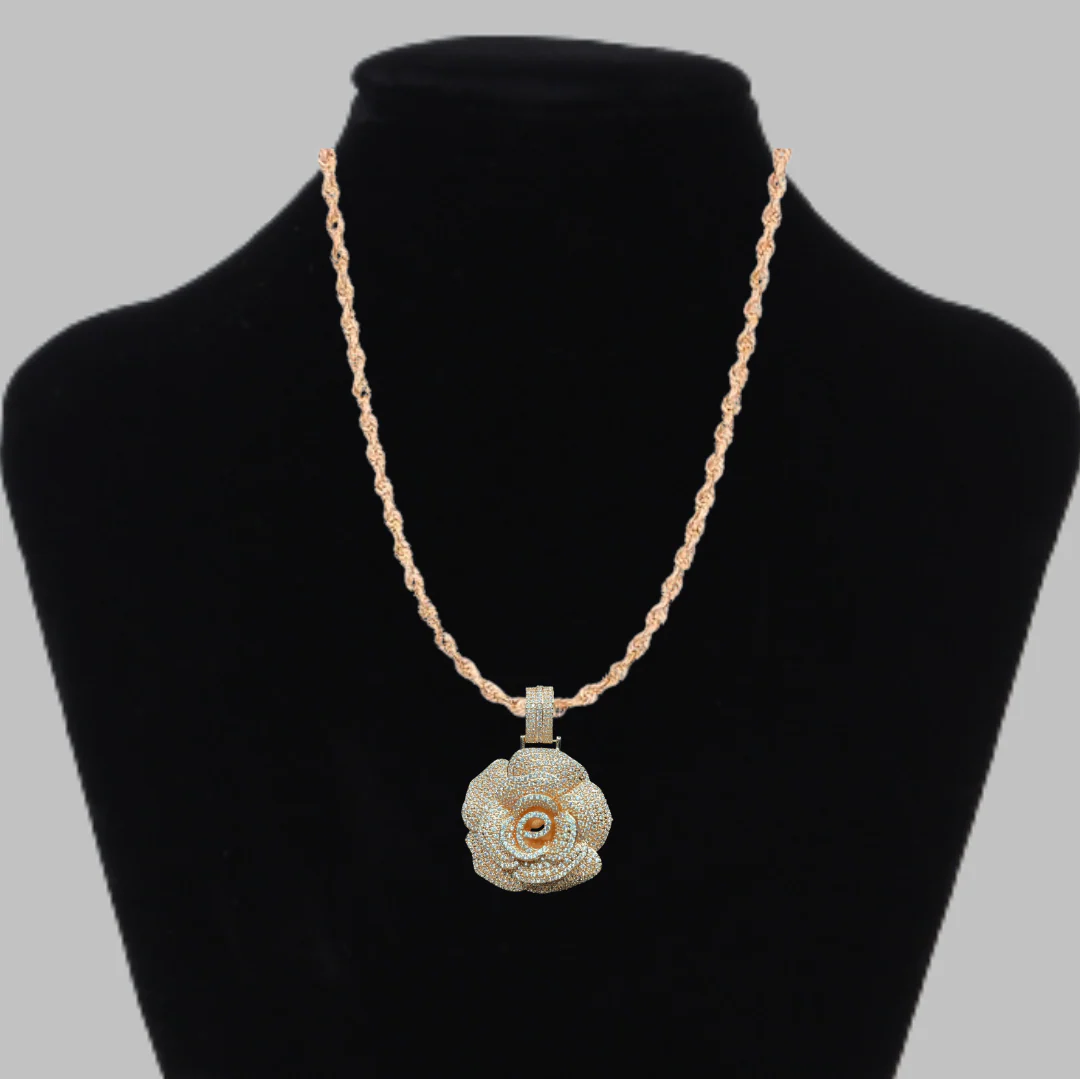 Rose Flower Iced Out Diamond Pendant Necklace - Image 6