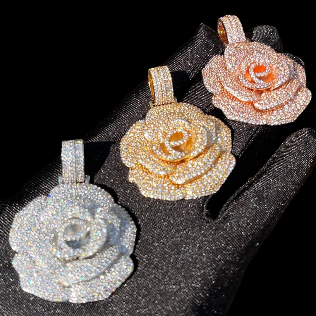 Rose Flower Iced Out Diamond Pendant Necklace - Image 7