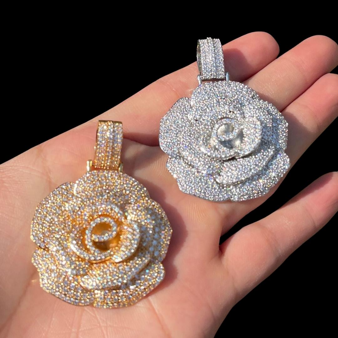 Rose Flower Iced Out Diamond Pendant Necklace - Image 8